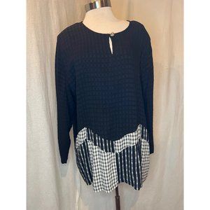 A.K.S. Women's Blouse Size 2X Black Solid and Bottom Checkered Long Sleeve Waffl